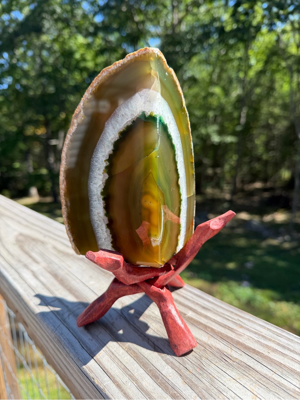 Quartz Agate Slice Decorative Natural Art | Tripod Wooden Stand